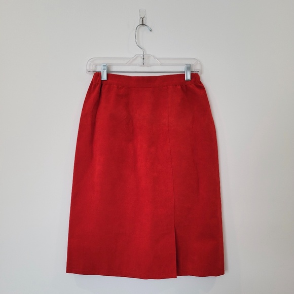 Vintage Dresses & Skirts - VINTAGE 70s Red Midi Suede Skirt with Slit & Talon Zipper Pinked Seams Medium